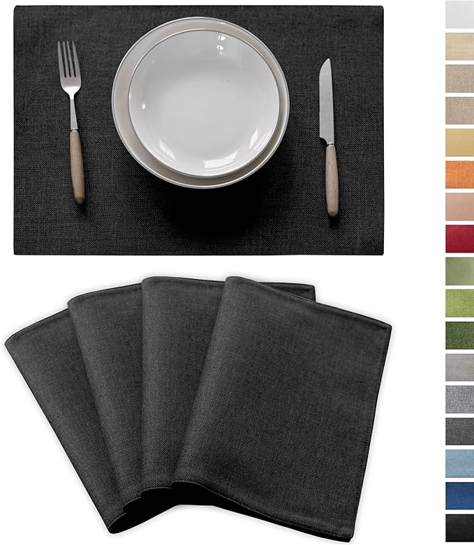 Demetex Black Placemats Set of 4 Stain Resistant Cloth Place Mats Heat Resistant Linen Table Plate Mats for Kitchen Dining Party Gathering, Black