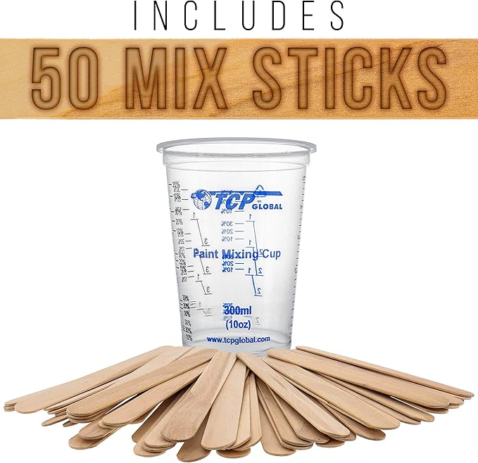 TCP Global 10 oz. (300ml) Graduated Plastic Mixing Cups - Box of 50 with 50 Mixing Sticks - Disposable Plastic Measuring Cups for Liquids, Paints, Resin, Epoxy, Art, Kitchen - Ratios 2-1, 3-1, 4-1 ML