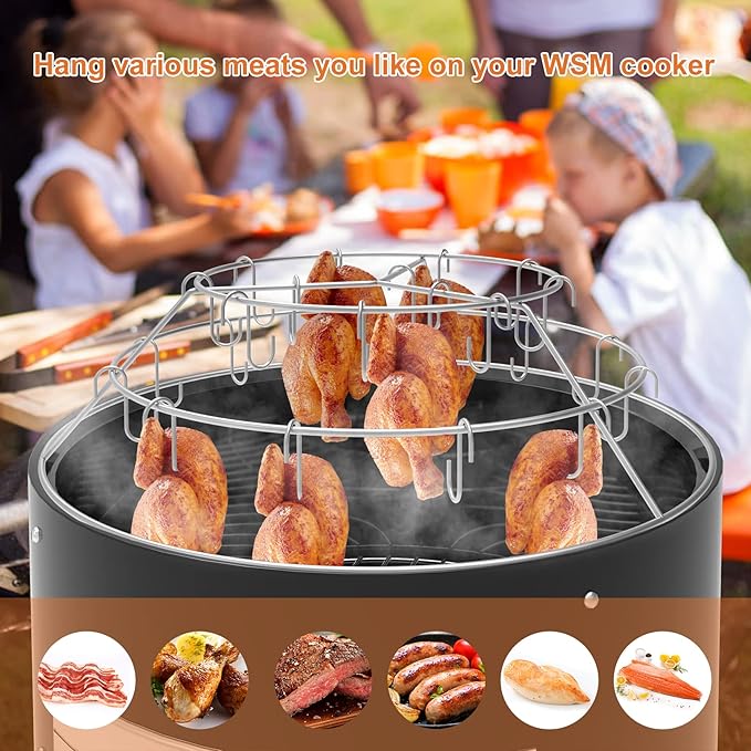 Onlyfire Rib Hanging System, Stainless Steel 3-Tier Rib Hanger with Removable Cooking Hooks, Barbecue Cooking Accessories for Weber 22 inch WSM Cooker & Weber 22 inch Kettle Grill