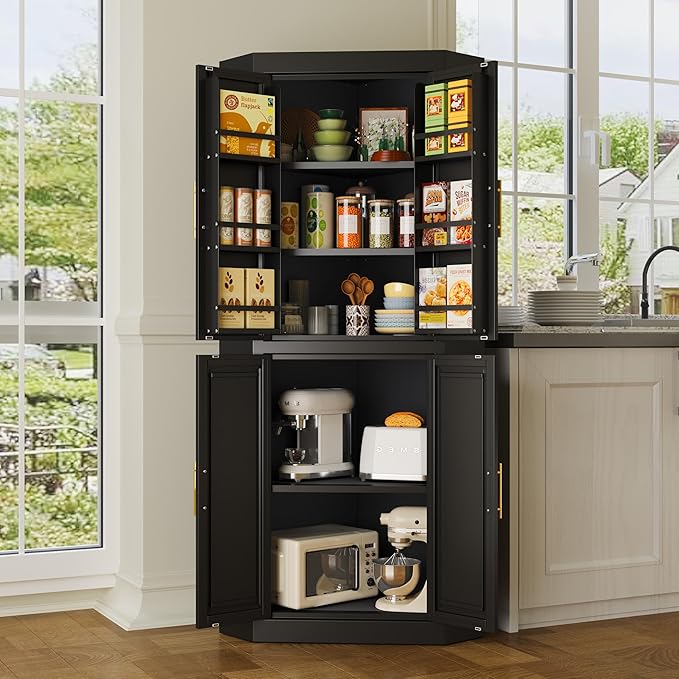63" Tall Metal Corner Kitchen Pantry Cabinet, Steel Storage Cabinets with 4 Doors and 3 Shelves, Kitchen Food Cabinets with 6 Door Panel Shelves, Farmhouse Cupboard for Kitchen Dining, Black