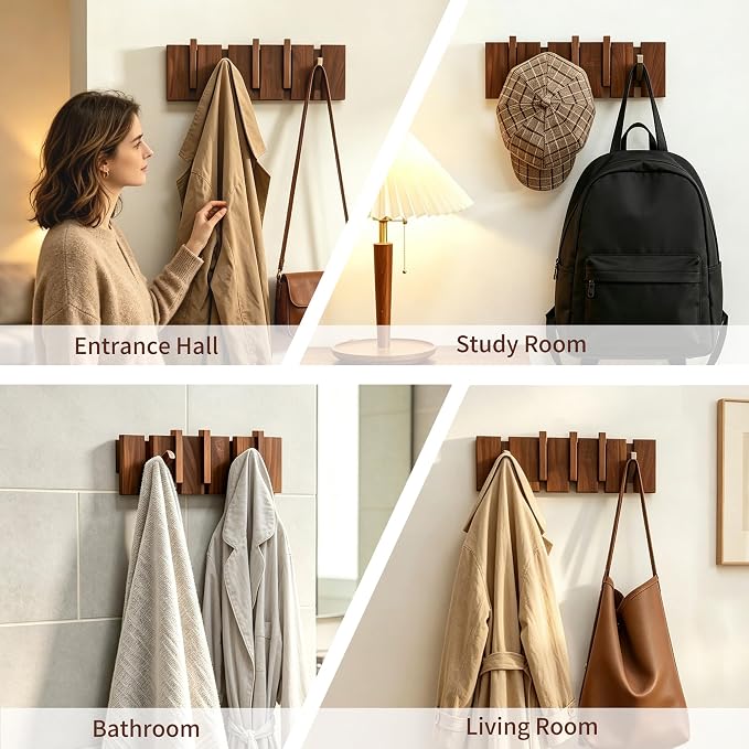 Coat Rack Wall Mount, Walnut 5 Flip-Down Picket Hanger Hooks - Image 5