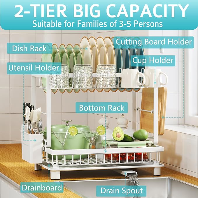 2-Tier Dish Drying Rack for Kitchen Counter, Space-Saving, Auto Drain Spout - Image 2
