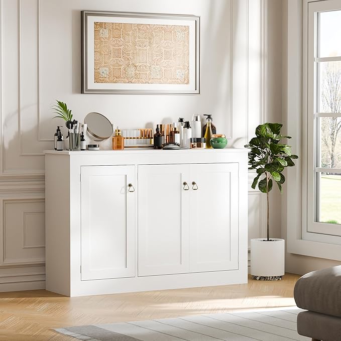 Cozy Castle Buffet Cabinet with Storage - Kitchen Storage Cabinet Wood Console Table Coffee Bar Accent Cabinets for Living Room Dining Room Entryway White 44.5" W
