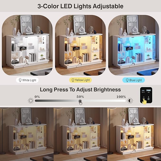 Lvifur Glass Display Cabinet with Lock & LED Light, High Gloss Sideboard with Human Body Sensor & Glass Shelves for Toys, Books, Collectibles, Liquor, Bookcase for Living Room, Kitchen, Study, White