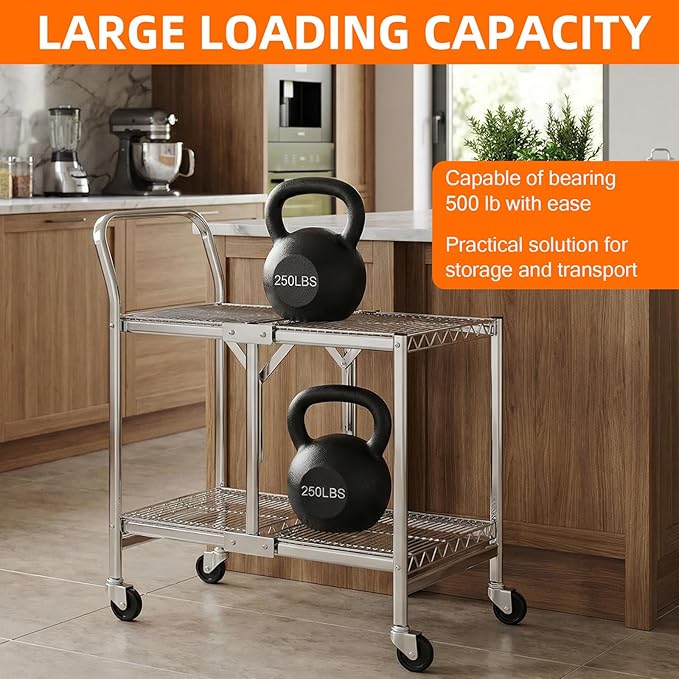 Collapsible 2 Shelf Wire Cart, Heavy Duty Collapsible Wire Rolling Utility Cart with Locking Brakes, 500lb Capacity, Folds Up for Storage, Chrome, 37.5" x 20.4" W x 36.2" H