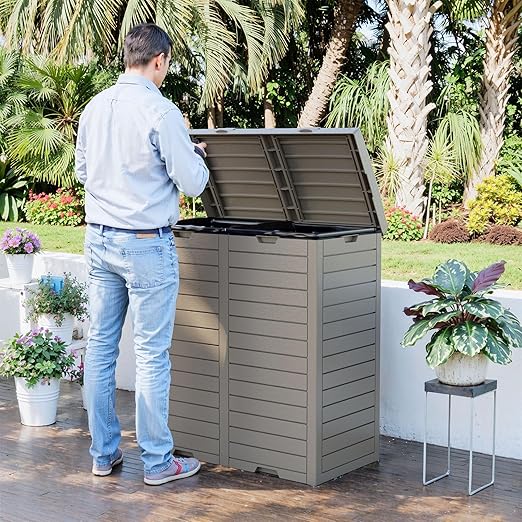 Outdoor Trash Can with Lid, Outdoor Trash Bin & Pull-Out Liquid Drawer, Dual Lid Closure Design, Waterproof Resin Garbage Can Container for Patio, Backyard, Deck (Grey, 76 Gallon)