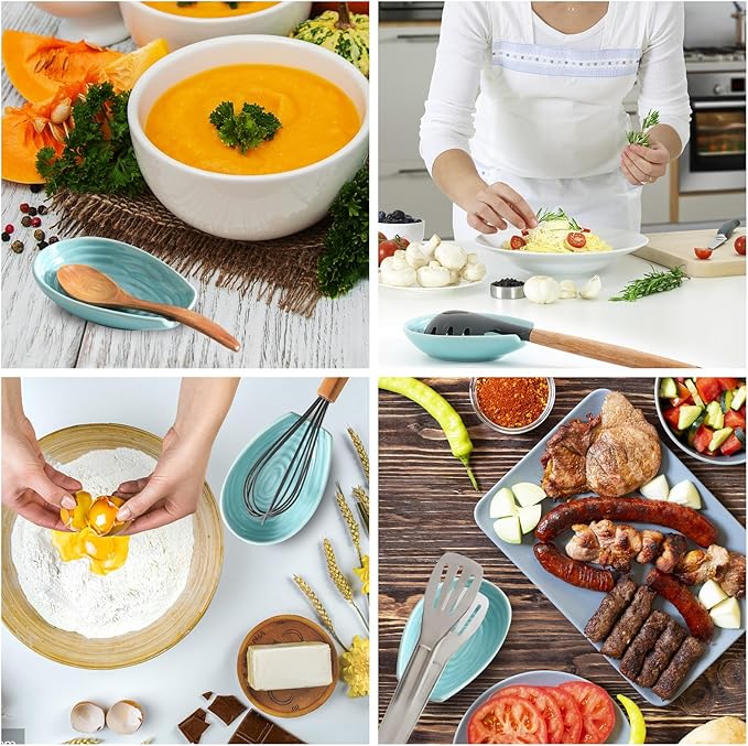 Spoon Rest for Kitchen Counter, Ceramic Cooking Spoon Holder for Stove Top, Porcelain Utensil Rest for Spatula, Ladle, Tong and Spoon, Modern Kitchen Accessories Decor, Teal