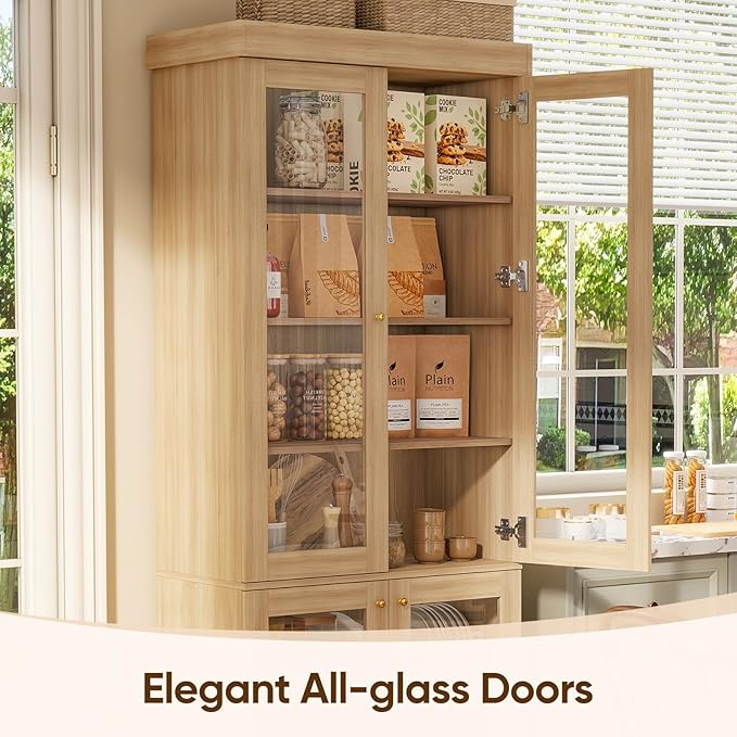 70.8" Tall Farmhouse Bookshelf, Modular Bookcase with Glass Doors, 6-Tier Adjustable Shelves, Large Storage Cabinet for Kitchen, Living Room, Brown, Set of 3