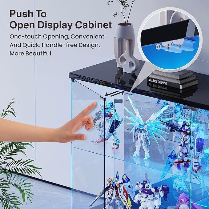 Lvifur RGB Glass Display Cabinet - with Lock, High Gloss Sideboard with Human Body Sensor & Glass Shelves for Toys, Books, Collectibles, Liquor, Bookcase for Living Room, Kitchen, Study, Black