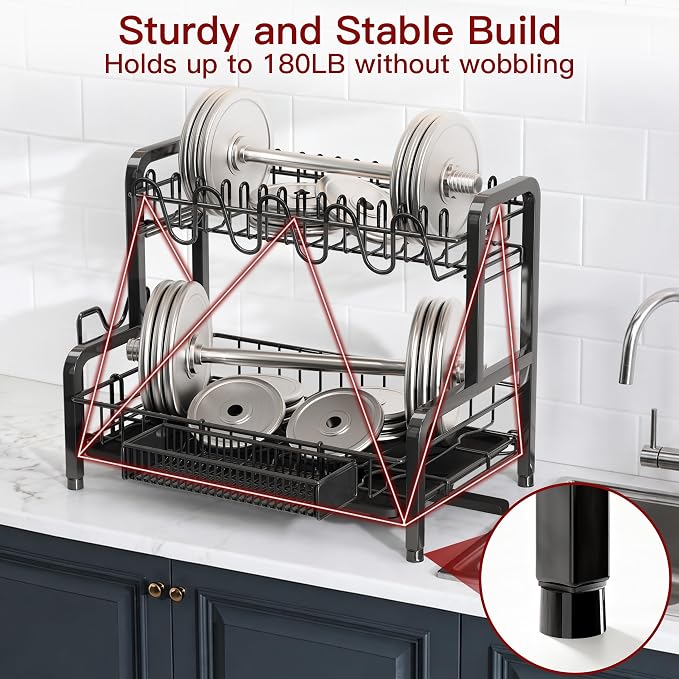 BOOSINY 2 Tier Black Stainless Steel Dish Drying Rack - Image 5
