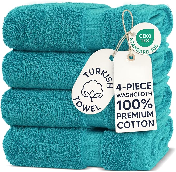 Chakir Turkish Linens 100% Cotton 4-Pack Washcloths 13x13, Aqua | Premium by ChakirTurkishLinens