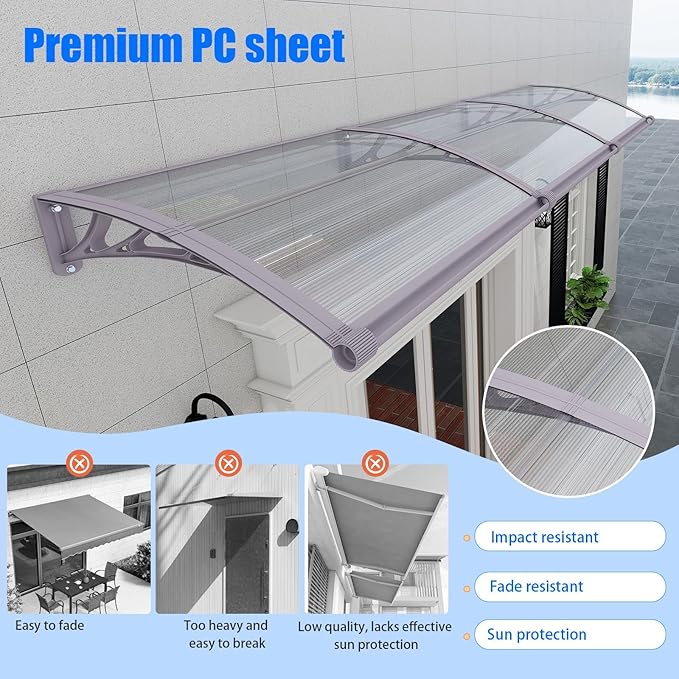 Awning for Door Entrance,40x80 Inches Awnings for Doors with Separate Drainage,Front Door Awning Exterior,Polycarbonate UV, Rain, and Snow Protection for Porch,Patio,Window,Deck