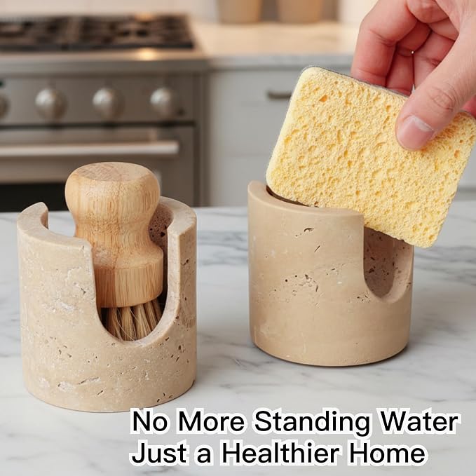 Natural Travertine Stone Sponge Holder, Compact Upright Sink Organizer - Image 3