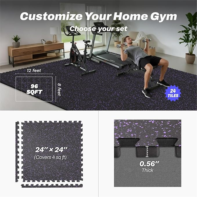 AIRHOP 0.56in Thick 96 Sq Ft Exercise Equipment Mats, 24 Tiles Upgraded Rubber Top with High Density EVA Foam, Large Interlocking Puzzle Gym Flooring for Home Gym, Heavy Weight Workout, 24 x 24in