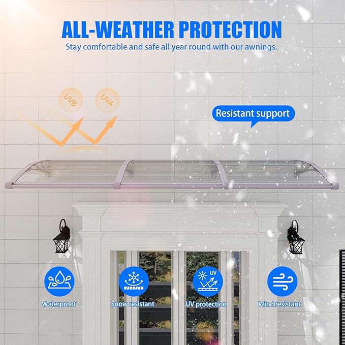 Awning for Door Entrance with Drainage Sink,32x120 Inch Awnings for Doors,Window Canopy Exterior with Plastic Steel Bracket,Polycarbonate Cover,UV,Rain,Snow Protection for House,Porch,Patio,Deck