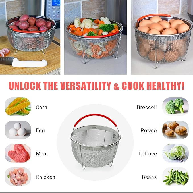 Original Salbree Steamer Basket for 8 qt quart Instant Pot Accessories, Stainless Steel Strainer and Insert fits IP Insta Pots, Instapot, Other Pressure Cookers, with Silicone Handle [3qt 6qt avail]