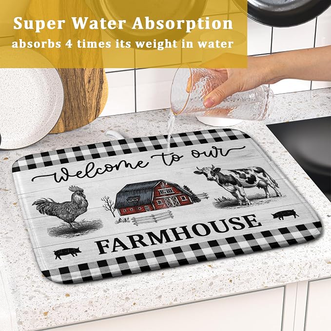 Farmhouse Barn Dish Drying Mat 16x18 Inch Cow Rooster Absorbent Microfiber Dish - Image 7