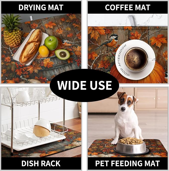 Fall Dish Drying Mat for Kitchen Counter 18x24 Autumn Pumpkin Maple Leaves - Image 7