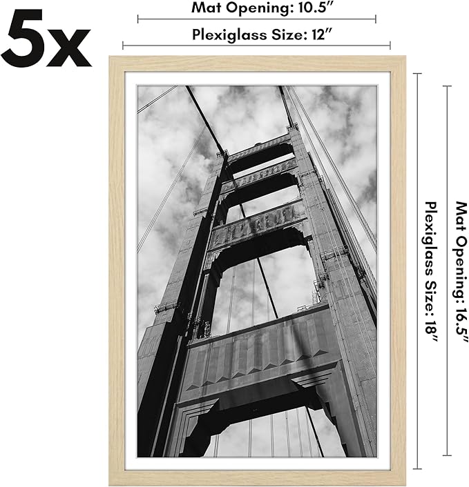 Americanflat 12x18 Poster Frame with Polished Plexiglass - Set of 5 - Use as 11x17 Frame with Mat or Display 12x18 Photo Without Mat - Galleria Collection - Picture Frames for Wall - Natural Oak