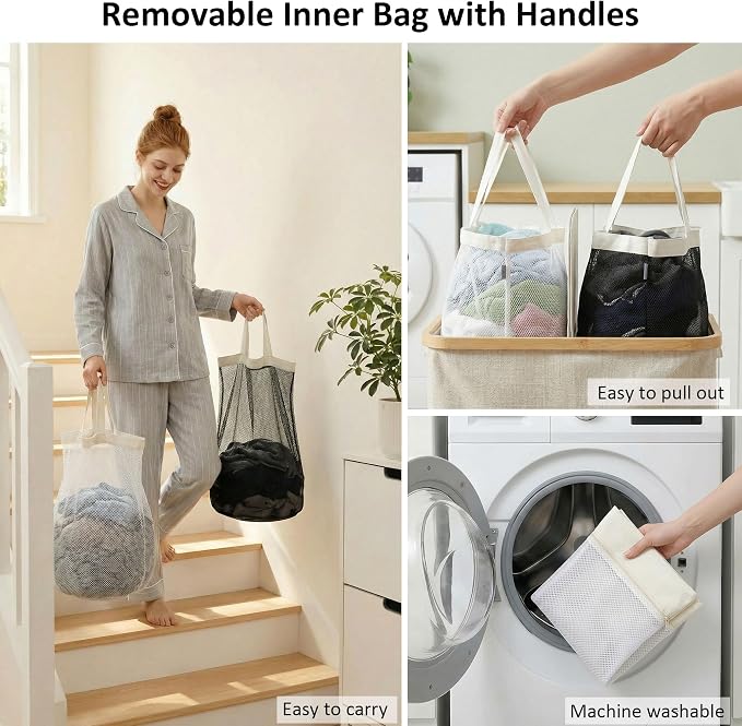 efluky Laundry Hamper with Lid, Double Laundry Basket with 2 Removable Bags - Image 5