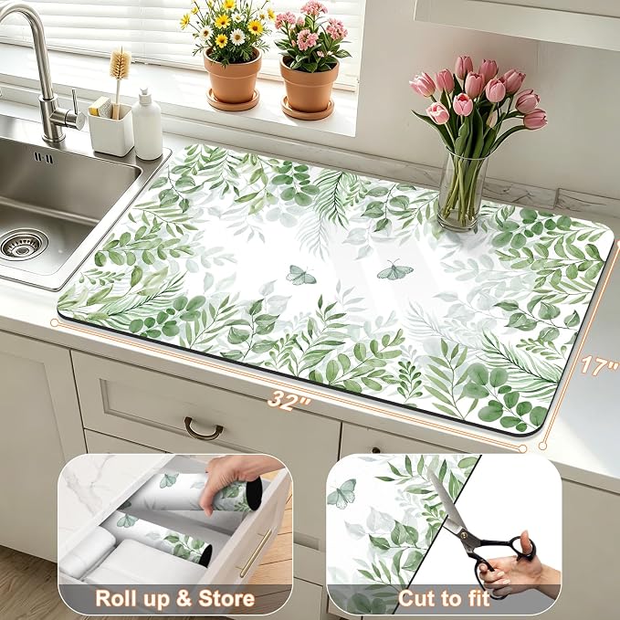 LOKHOM 17"x32" Dish Drying Mat， Green Plant Coffee Mat | Floral Butterfly Prints - Image 2
