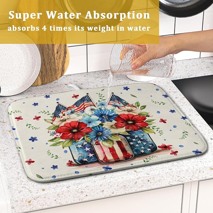 Giwawa American Patriotic Floral Dish Drying Mat Flower Vase Drainer Rack Mats - Image 7