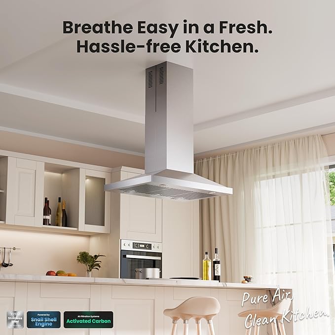 Island Range Hood 36 Inch, 390 CFM kitchen Hood with Touch/Gesture, Ceiling Mount, Convertible Ducted/Ductless, 3-Speed Fan, 3 Stainless Steel Baffle Filters