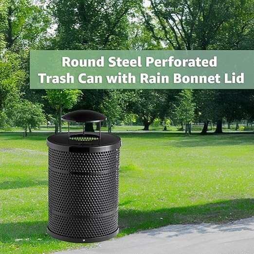 32 Gallon Perforated Recycle Container with Rain Bonnet Lid, Steel Outdoor Heavy-Duty Commercial Trash Can, Black Round Waste Bin, Durable Garbage Can for Municipalities, Schools, Parks, Parking