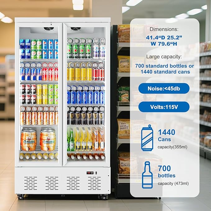 30.5 Cu.Ft White Commercial Refrigerators 2 Glass Door Commercial Beverage Refrigerators Upright Display Cooler with Soft LED Light and 10 Adjustable Shelves for Restaurant Grocery Stores Home