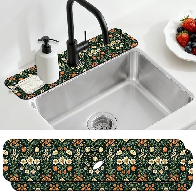 2Pcs Vintage Plants Kitchen Sink Splash Guard Faucet Mat Vintage Flowers Leaves by CONCHLERY%E6%97%97%E8%88%B0%E5%BA%97