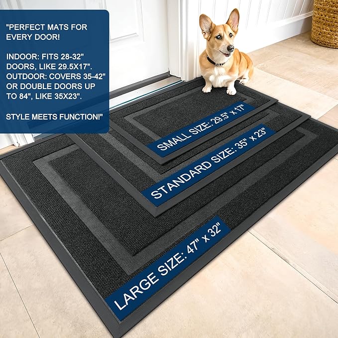 OLANLY Front Door Mat Indoor Outdoor Entrance, Waterproof All-Season, All-Weather Doormat, Sturdy Natural Rubber, Fade Resistant, Low Profile, Easy Clean Patio Porch Entryway Mat, 33x21, Black