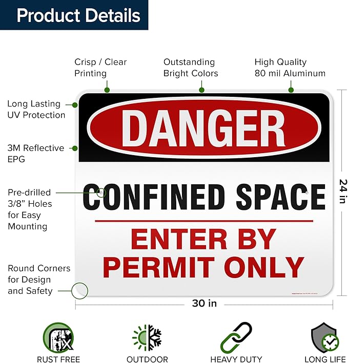 Danger Confined Space Enter By Permit Only Sign, 24x30 Inches, 3M EGP Reflective .080 Aluminum, Fade Resistant, Made in USA by My Sign Center