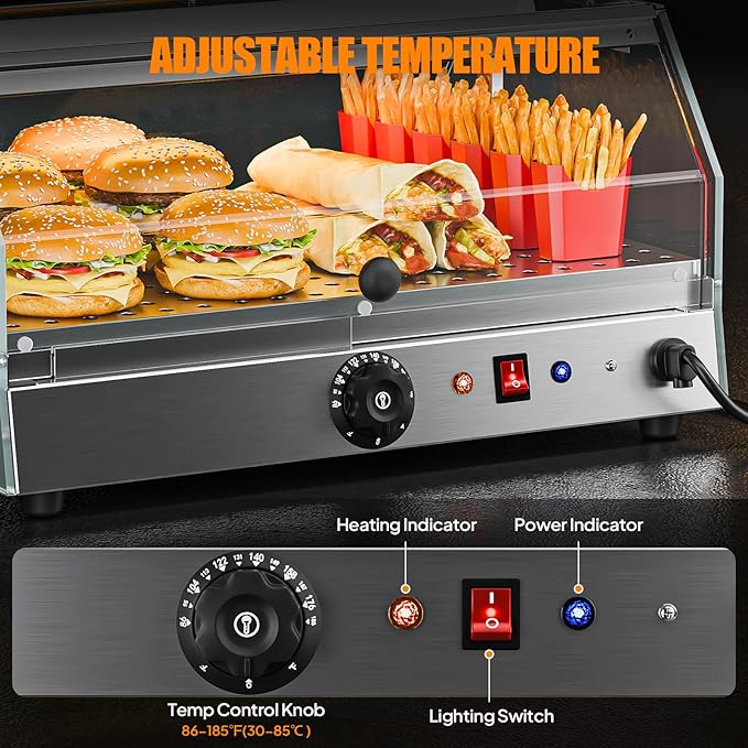 Bonnlo Commercial Food Warmer Display Pizza Warmer, Electric Countertop Food Warmer with LED Acrylic Door Removable Shelves Temp Control, Food Display Warmer for Buffet Restaurant, 120V 300W (1-Tier)