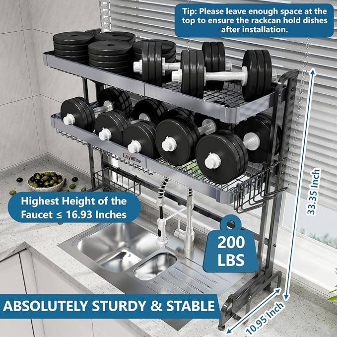 Over Sink Dish Drying Rack, 3 Tier Adjustable Length (20.87'' to 37.6'') Stainless Steel Large Storage Kitchen Dish Rack, Expandable Drainer Shelf Rack with Multifunctional Organizers