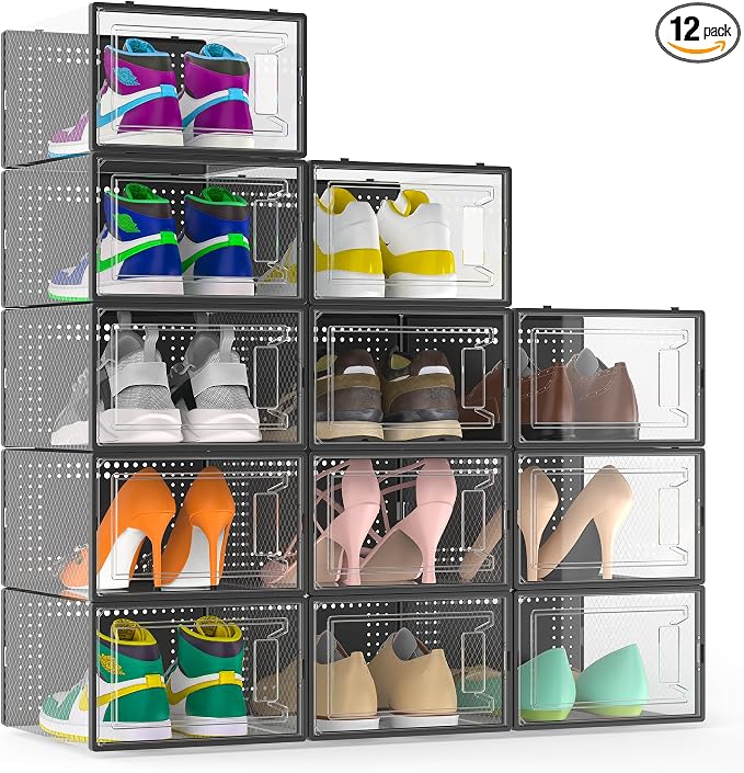12 Pack XX-Large Stackable Clear Plastic Shoe Storage Box Organizer by Unknown