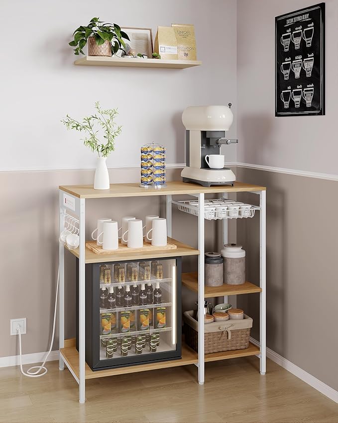 VASAGLE Baker's Rack, Coffee Bar Stand with Charging Station, 35.6 Inches Tall, Storage Shelves, Pull-Out Wire Basket, Table for Microwave, Kitchen, Oak Beige and Ink Black UKKS036Y09