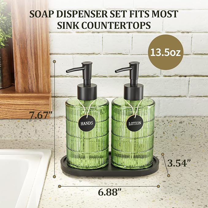 Green Glass Soap and Lotion Dispenser Set - Image 3