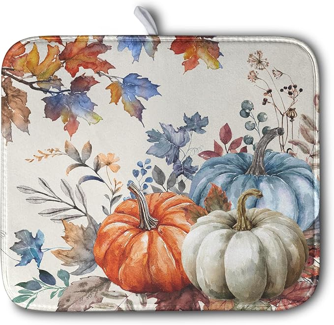 Fall Blue Orange Pumpkin Dish Drying Mat by Kwlegh