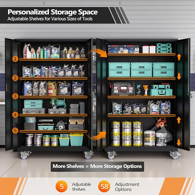 VINGLI Large Metal Storage Cabinet with 2 Doors and 5 Adjustable Shelves, Upgraded Height & Wide & Deep, 43''W x 20''D x 72''H, Oversized Garage Storage Cabinet with Wheels and Locks (Black)