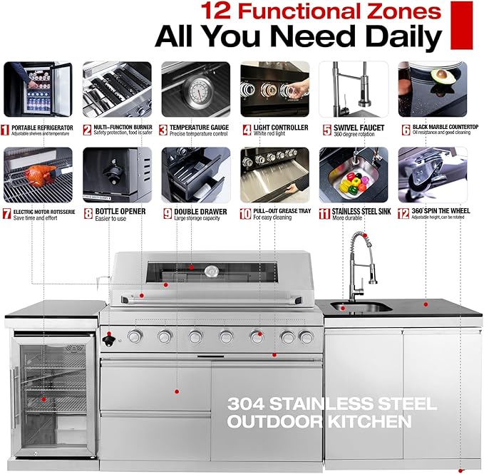 Outdoor Kitchen Island, 96 Inch 6 Burner Gas Grill Combination With Refrigerator and Sink, Outdoor Stainless Steel Barbecue Bar, Natural Gas Barbecue Grill 85000 BTU for Patios, Gardens, Parties
