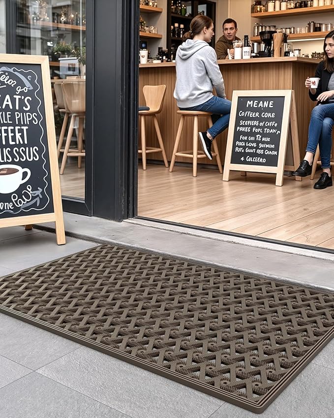 DEXI Front Door Mat Outside Entrance Rubber 19x30, Welcome Floor Doormat Heavy Duty Non Slip, Dirt Trapper Waterproof Exterior Entry Mats All Weather for Patio Entryway Drainage, Brown