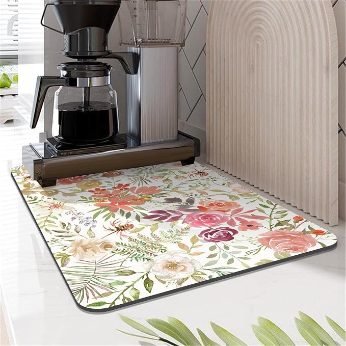 LOKHOM 12"x20" Dish Drying Mat，Pink Floral Coffee Mat | Pink Roses Petals Prints - Image 7