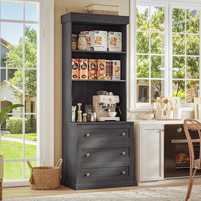 71" Tall Farmhouse Kitchen Pantry, Black Large Storage Cabinet with Glass Doors and Drawers, Freestanding Coffee Bar Hutch with Microwave Stand, Adjustable Shelves for Kitchen or Living Room, Set of 4