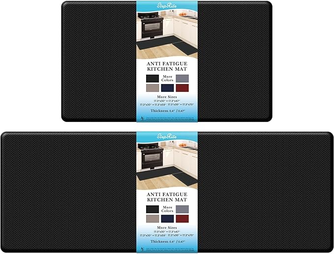 StepRite Kitchen Mats, 2PCS Kitchen Rugs, Cushioned Anti Fatigue Kitchen Mats for Floor, Non-Slip Standing Desk Mat, Waterproof Kitchen Rug Set for Kitchen, Floor, Office, 17.3"x30"+17.3"x47", Black