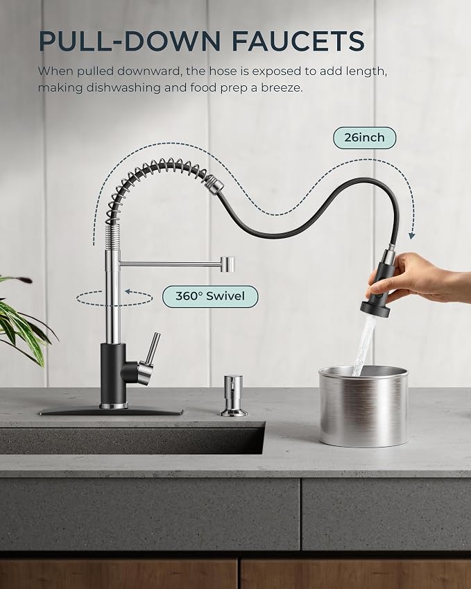FORIOUS Kitchen Faucets, Pull Down Sprayer, Classic High Arc, Single Handle - Image 3