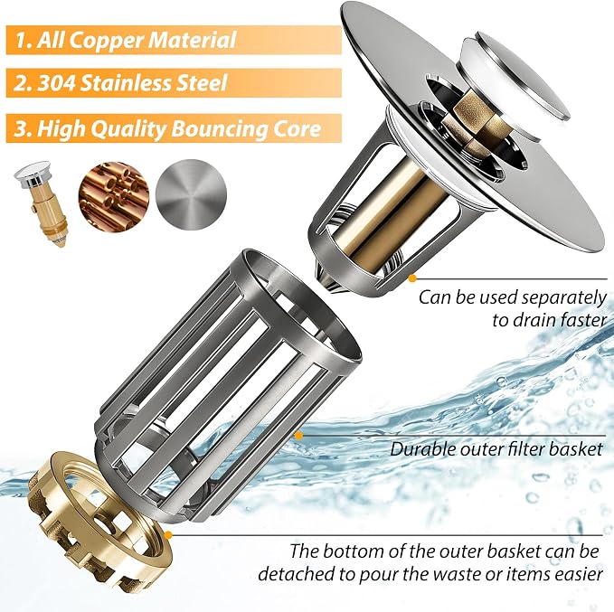 Anlige 3 in 1 Pop Up Bathroom Sink Stopper, Bathroom Sink Drain Strainer - Image 6
