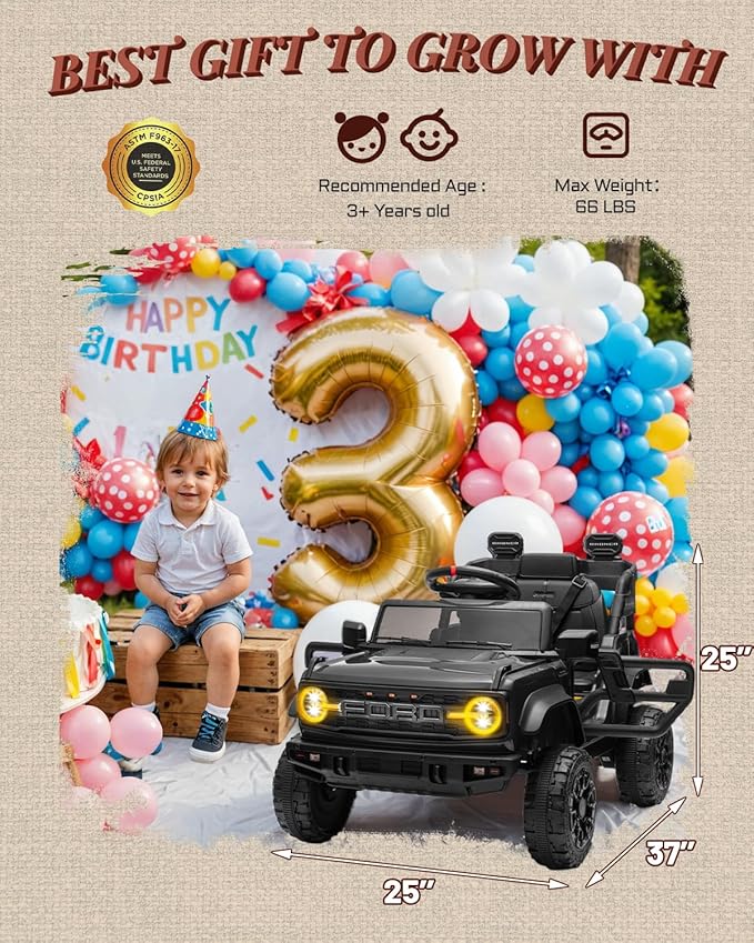 First Ride On 12V Ride on Toys for Kids, Licensed Ford Bronco Raptor Children Electric Vehicles, Toddler Battery Powered Car with Double Doors, 3 Point Safety Belt, Led Lights (12V, Black)