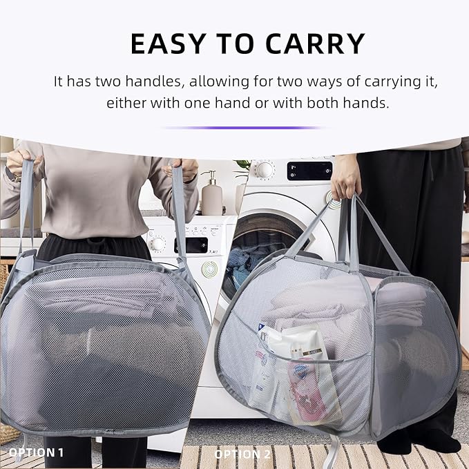 Collapsible Laundry Basket 90L, Mesh Pop-up Hamper, Side Storage Pocket - Image 3