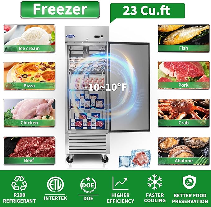27"W Commercial Reach-In Upright Freezer - Low Noise & Energy Saving, Stainless Steel Freezer, 3 Adjustable Shelves, LED Lighting, 23 Cu.ft, Automatic defrost, Digital Temperature Control