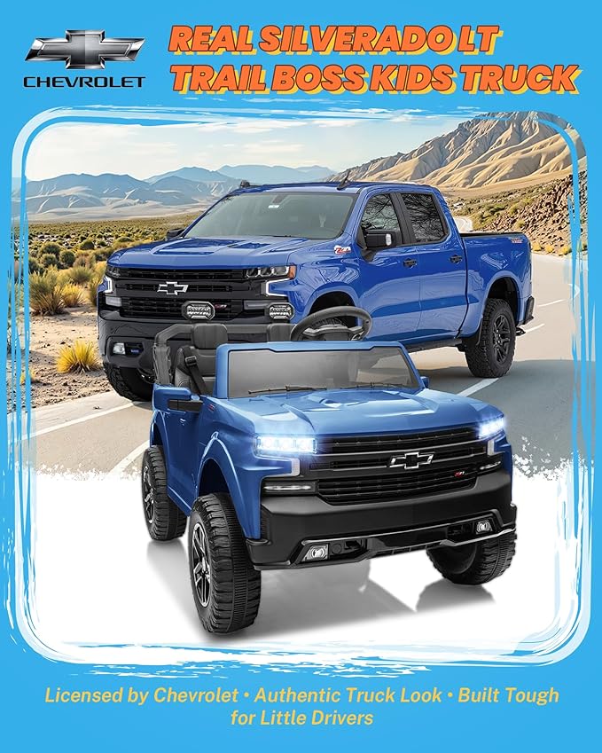 ENYOPRO 2 Seater Ride on Car for Kids, 24V Licensed Chevy Silverado LT Trail Boss Battery Powered Electric Car for Toddlers w/Remote Control, Metal Suspension, Soft Start, Bluetooth, LED Lights (Blue)